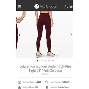 Lululemon size 8 garnet Wunder Under High-Rise Tight 28" *Full-On Luon leggings